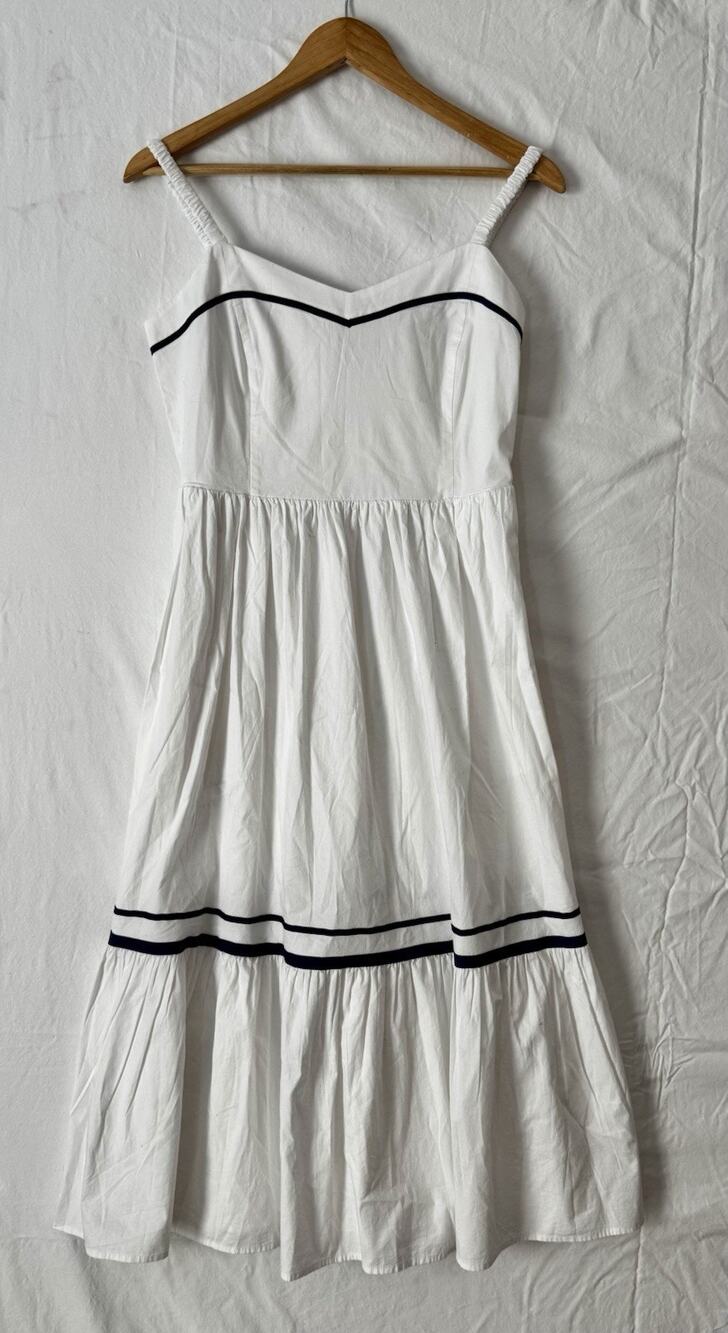 J Crew Corset Midi Dress Women’s 6 White Cotton Contrast Trim Spaghetti Straps - Picture 1 of 8